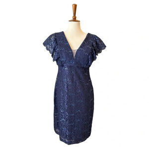 NightWay All Over Lace & Sequined Sheath Blue Dress Size 10